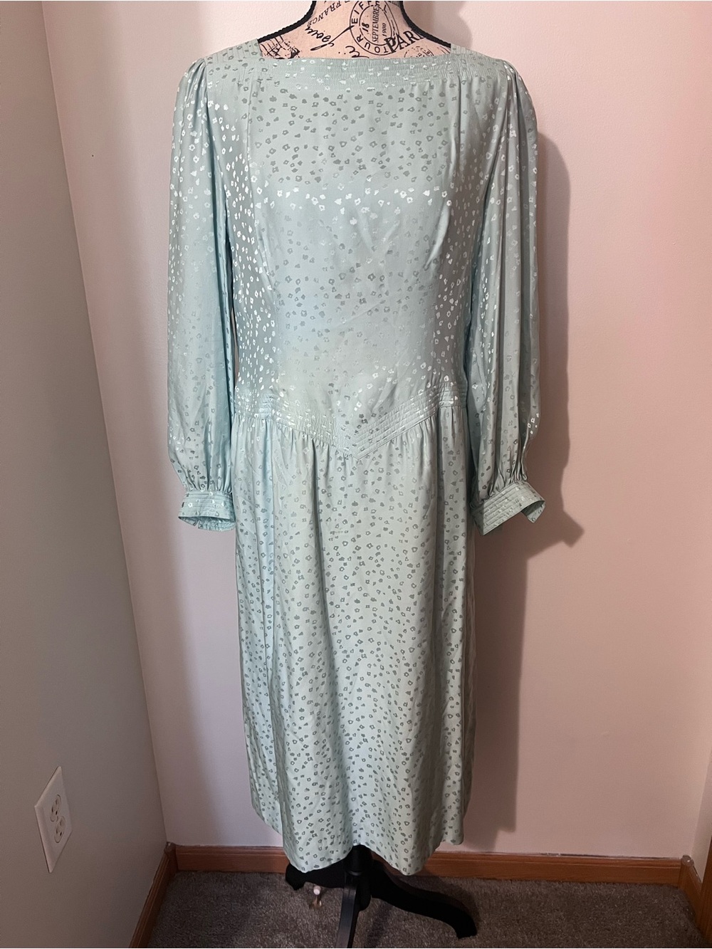 Vintage Adele Simpson Mint Blue Jacquard Drop Waist Midi Dress 14